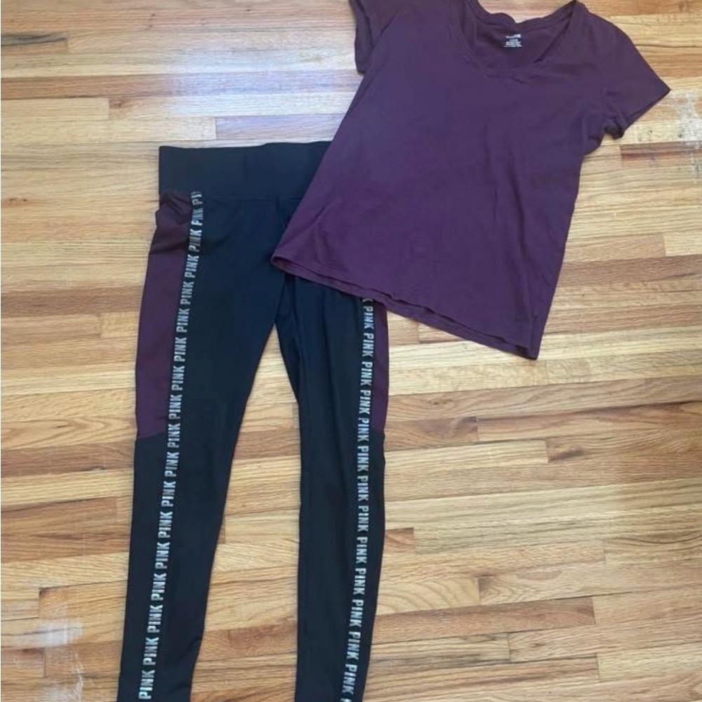 Victoria's Secret Maroon Tee and Black Leggings Set